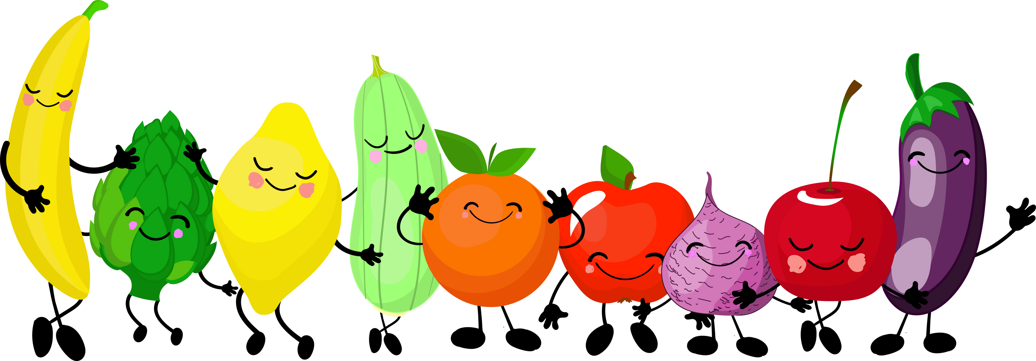 Cute funny vegetables and fruits. Fruit characters for children. healthy vegetables